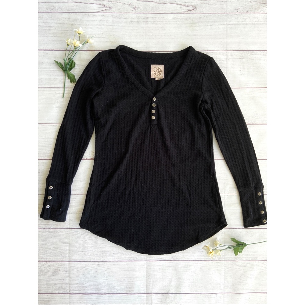 Chaser Button Front Long Sleeve Waffle Thermal Knit Tunic Sweater Top - Picture 2 of 14